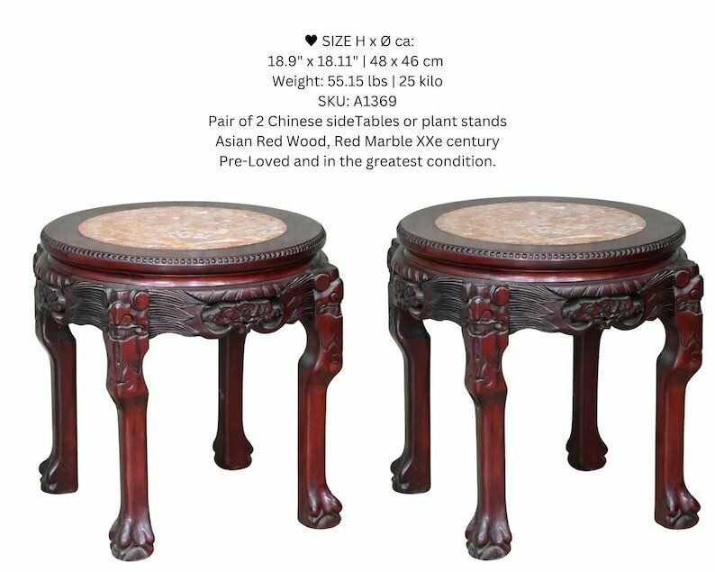 photo furniture Chinese Pair Side Tables | 2pcs Plant Stands | Red Marble And Lacquer | Carved Wood