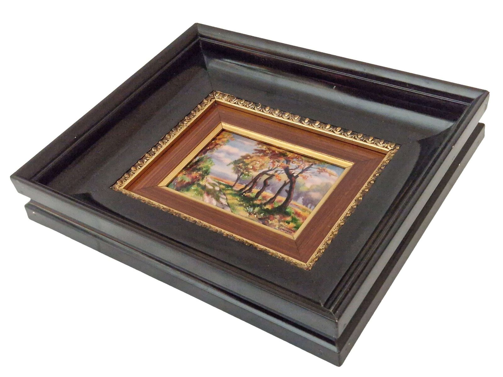French Limoges Enamel Autumnal Painting By Betourne, Fall Country Landscape Wall Art photo 190.0