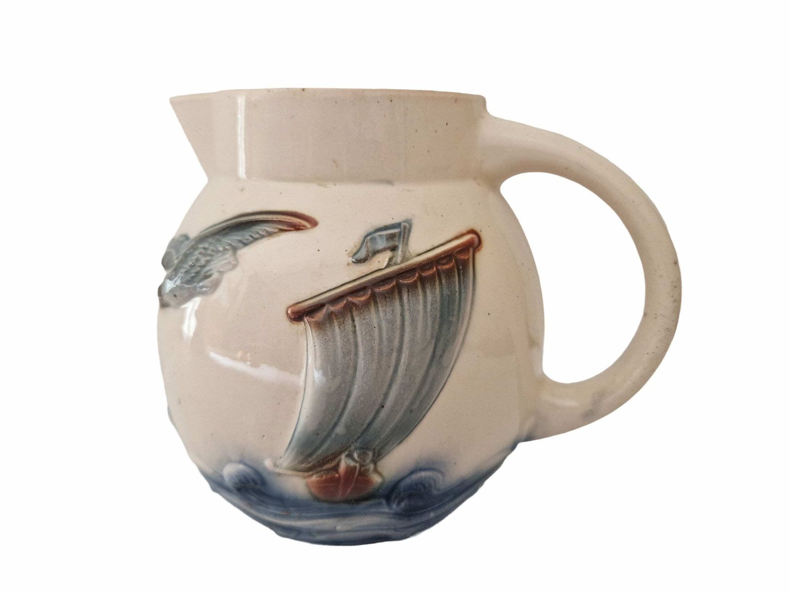 Antique French Majolica Water Pitcher By Digoin Sarreguemines, Sailboat And Seagull Art Deco Ceramic Jug, Nautical Decor photo furniture