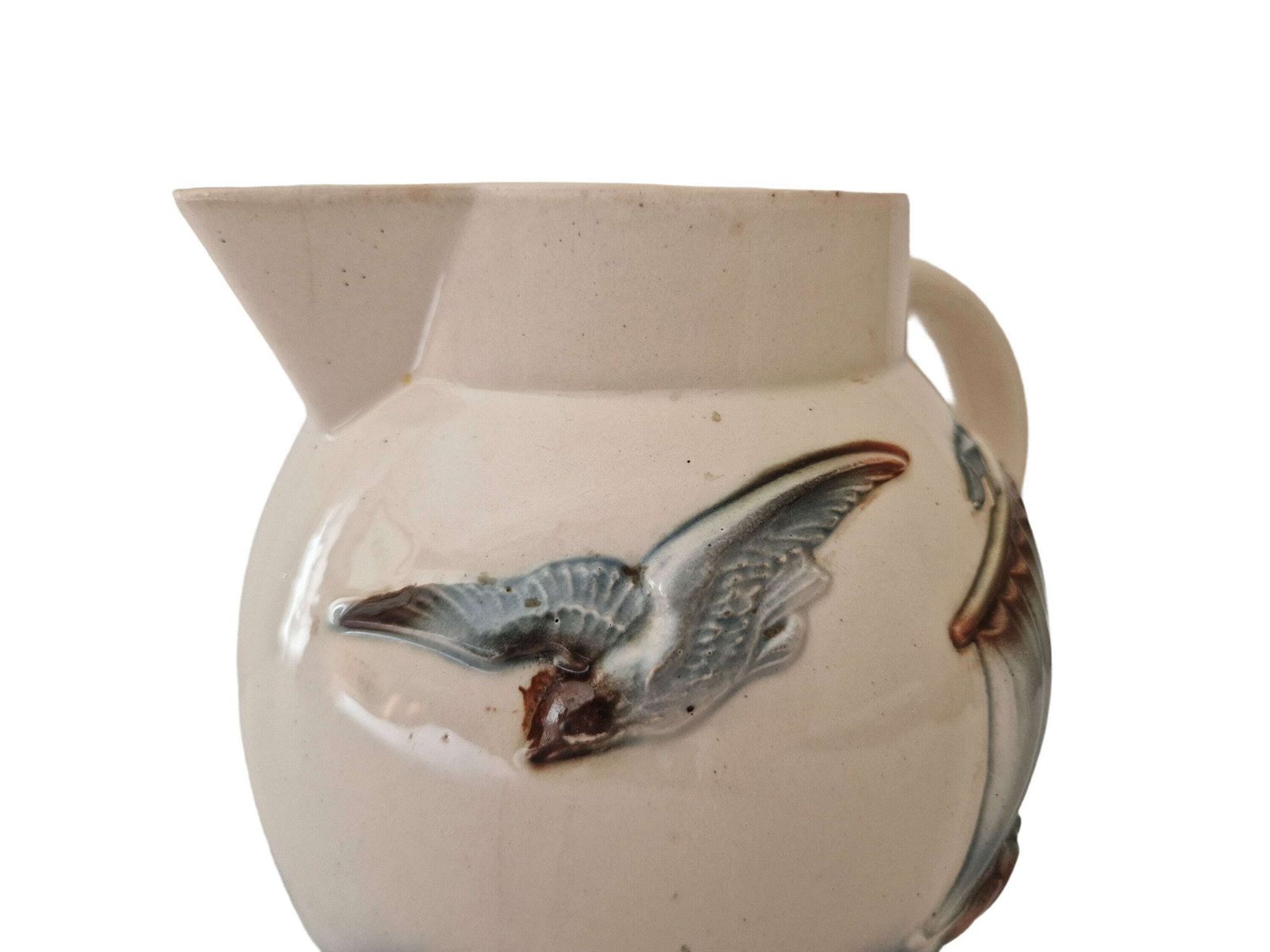 Antique French Majolica Water Pitcher By Digoin Sarreguemines, Sailboat And Seagull Art Deco Ceramic Jug, Nautical Decor photo for sale