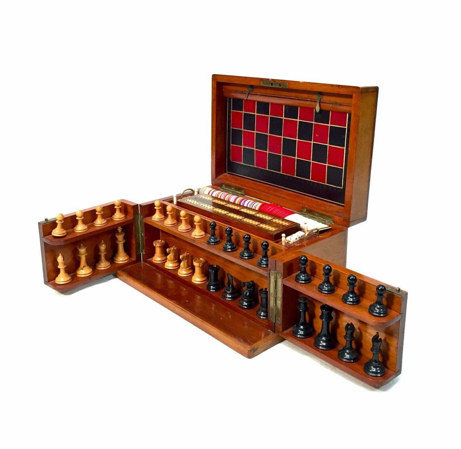 Antique 19th Century Victorian Games Compendium Box / Wooden Cabinet C.1880 photo 1895.0