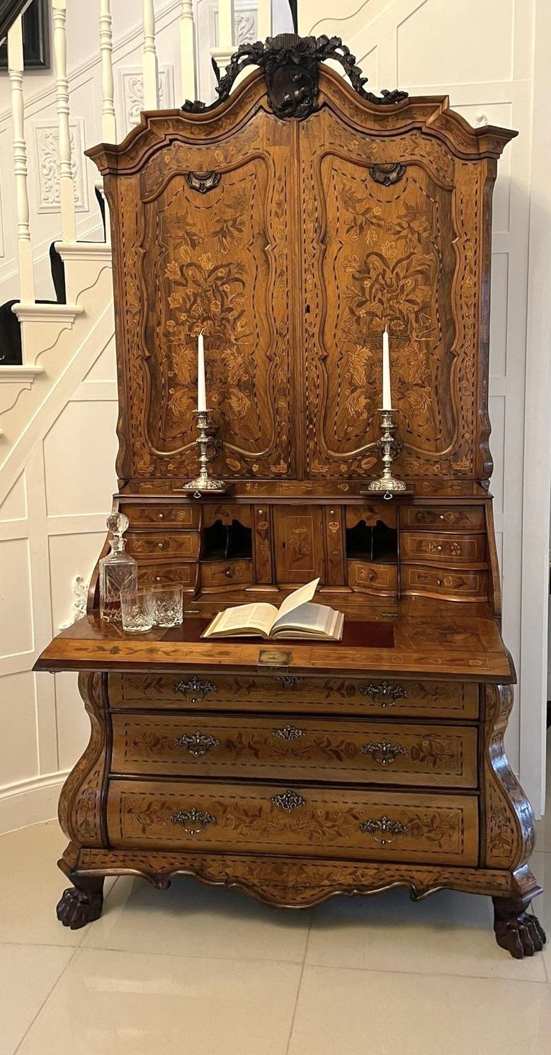Outstanding Quality 18th Century Antique Dutch Marquetry Inlaid Burr Walnut Bureau Bookcase photo vintage