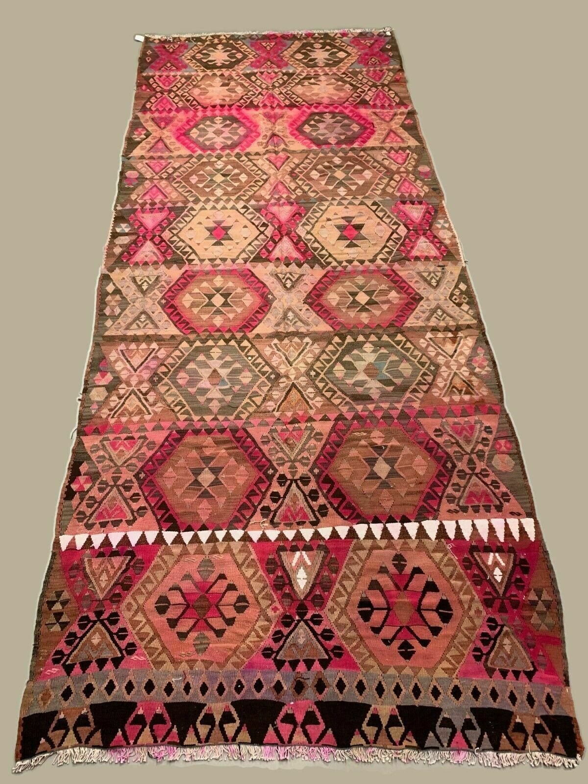 Vintage Turkish Kilim 414x174 Cm Wool Kelim Rug Large Pink, Beige, Brown, Black