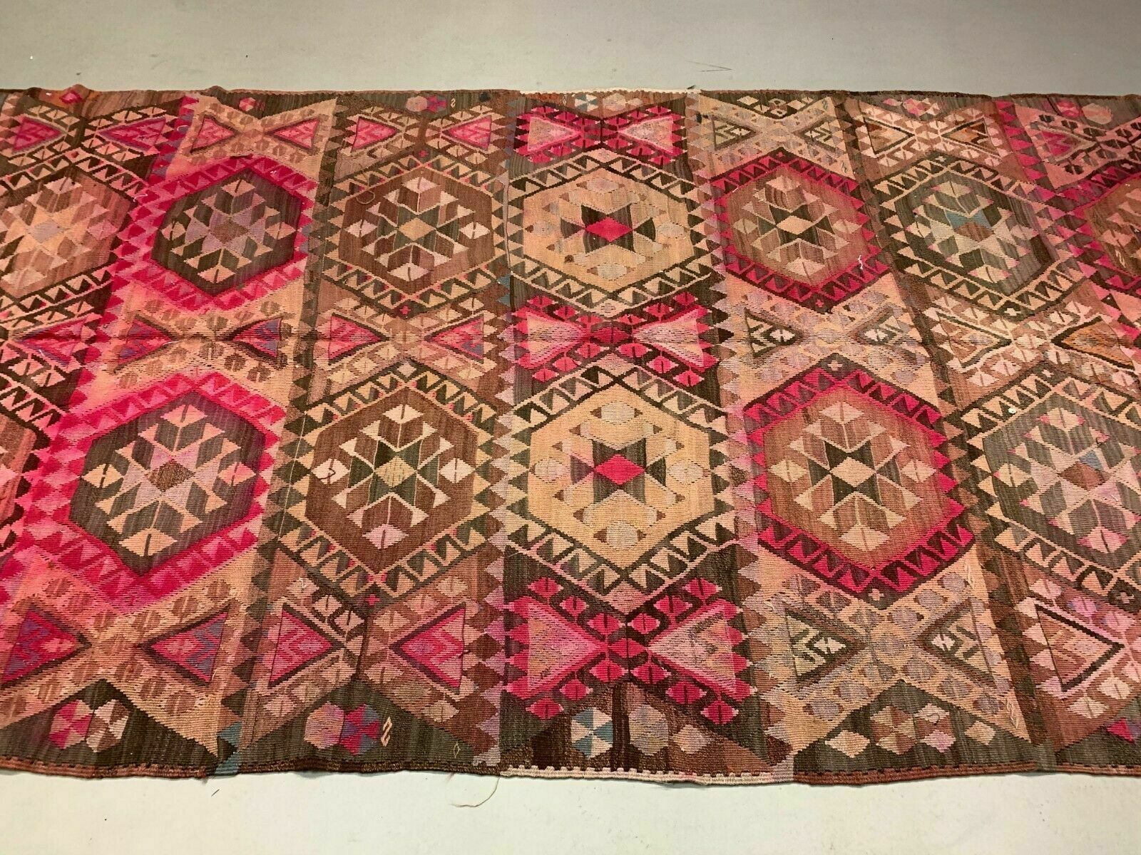 Vintage Turkish Kilim 414x174 Cm Wool Kelim Rug Large Pink, Beige, Brown, Black photo for sale