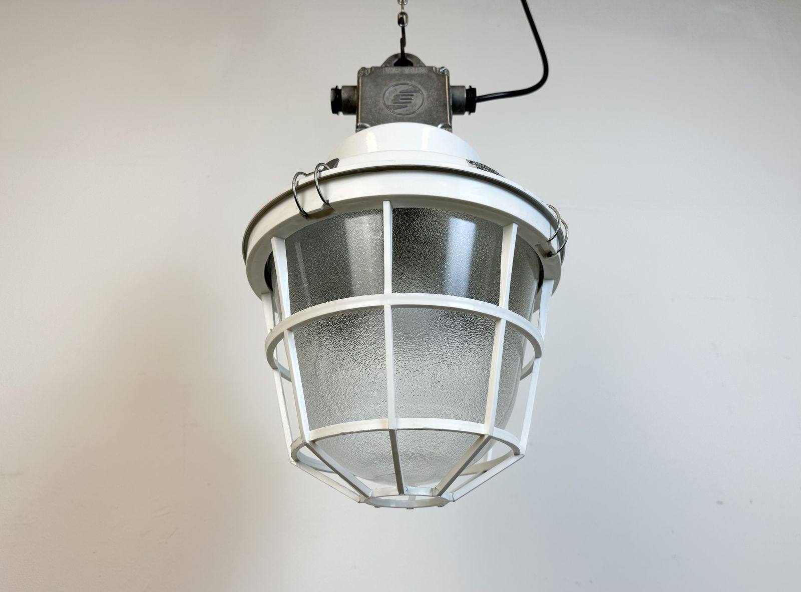 White Industrial Factory Light With Plastic Grid From Elektrosvit, 1990s, 16x photo furniture