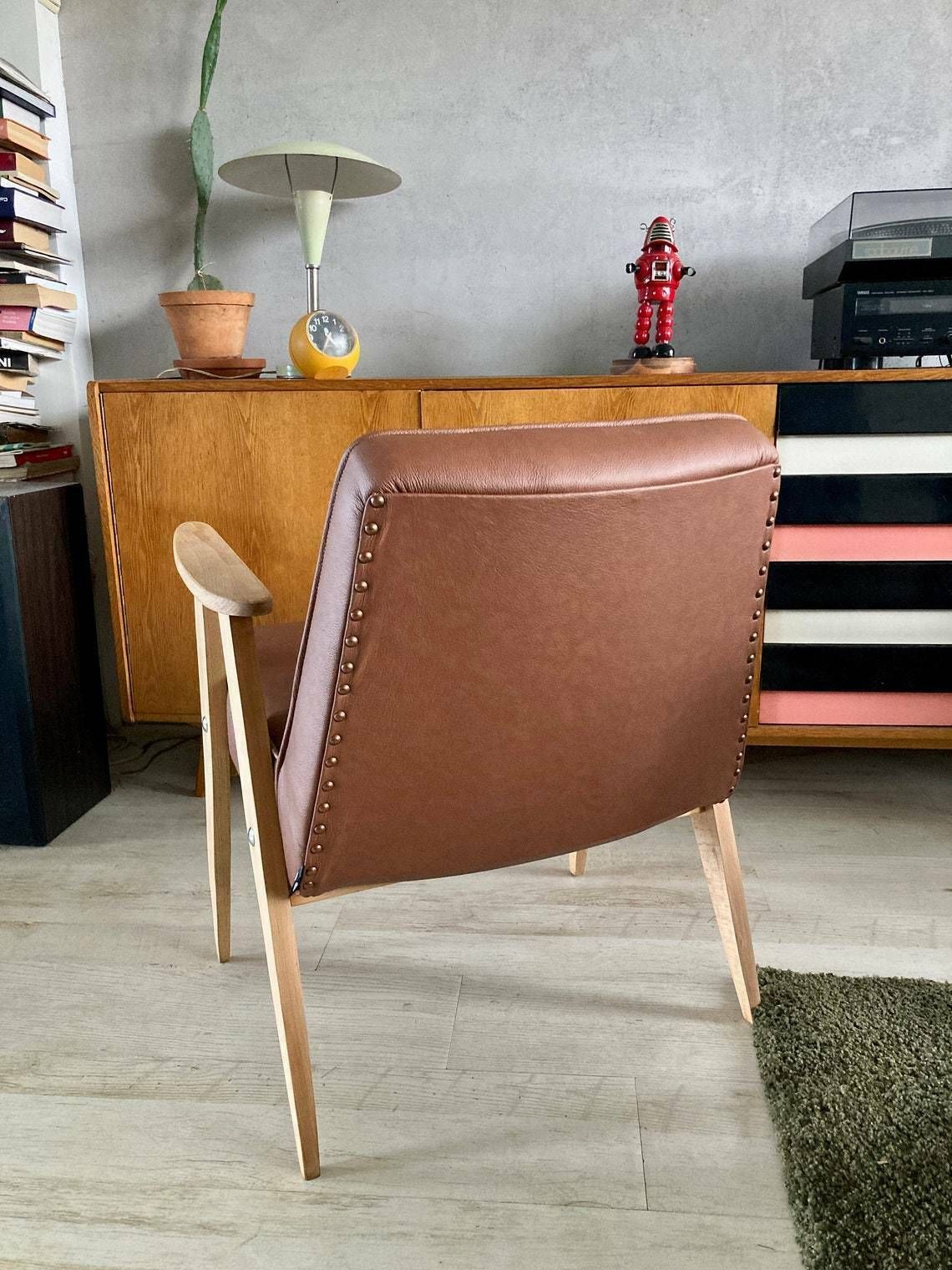 Original Vintage 366 Chair From 60s Covered In Genuine Italian Leather Designed By J. Chierowski photo Furniture