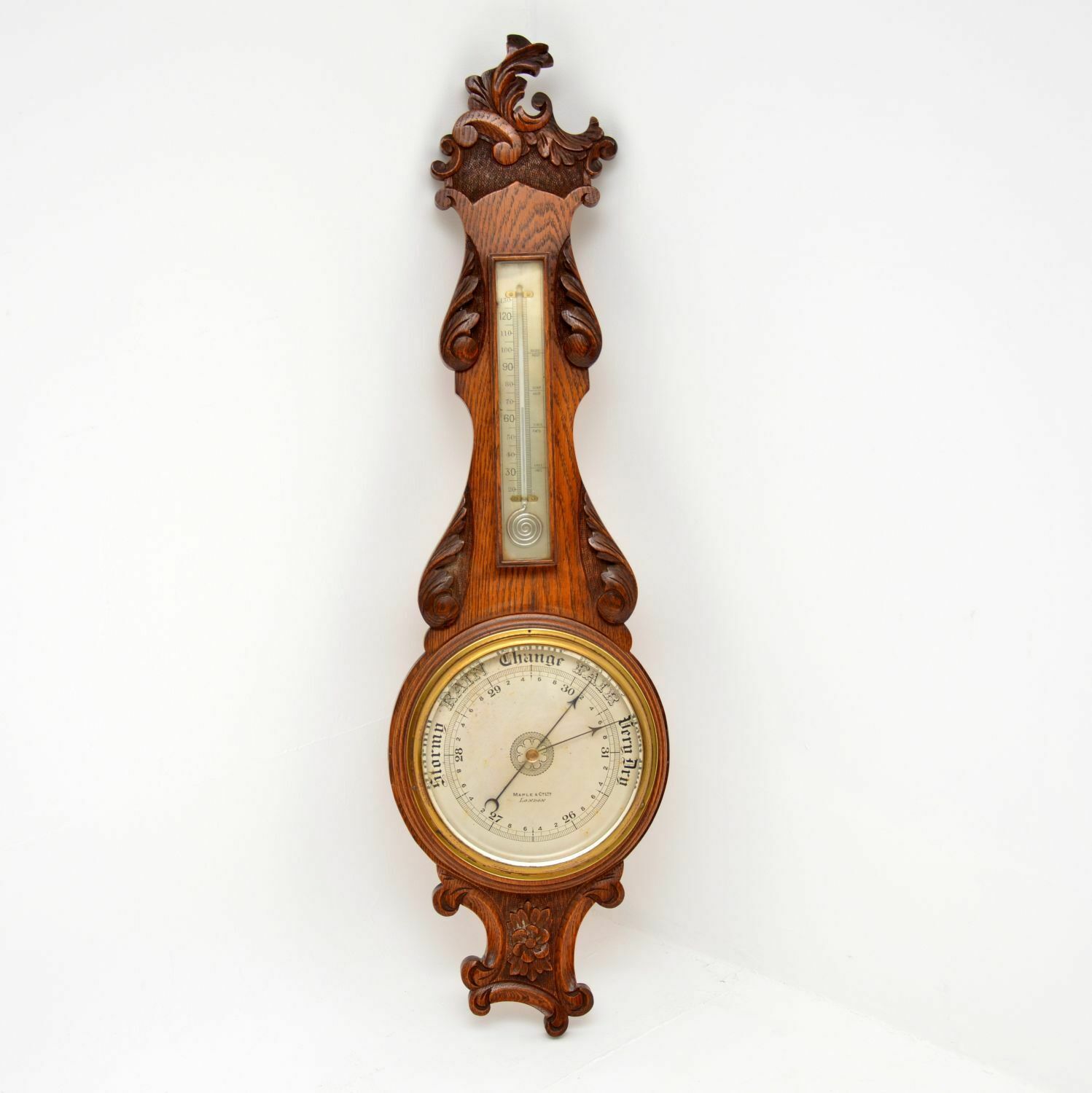 Antique Victorian Carved Oak Banjo Barometer By Maple & Co