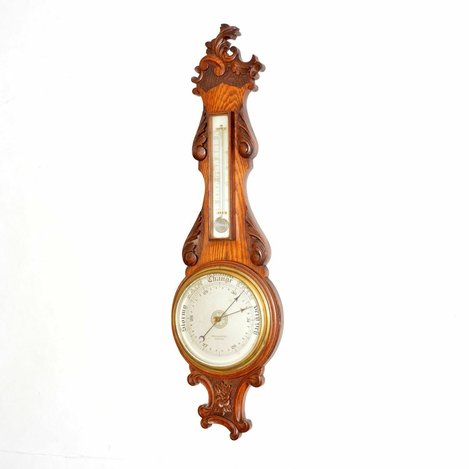 Antique Victorian Carved Oak Banjo Barometer By Maple & Co photo furniture