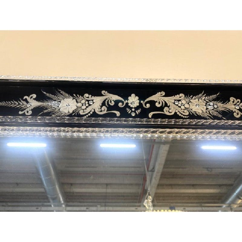 21st Century Venetian Black Floreal Hand Carving Wall Mirror In Murano Glass photo furniture