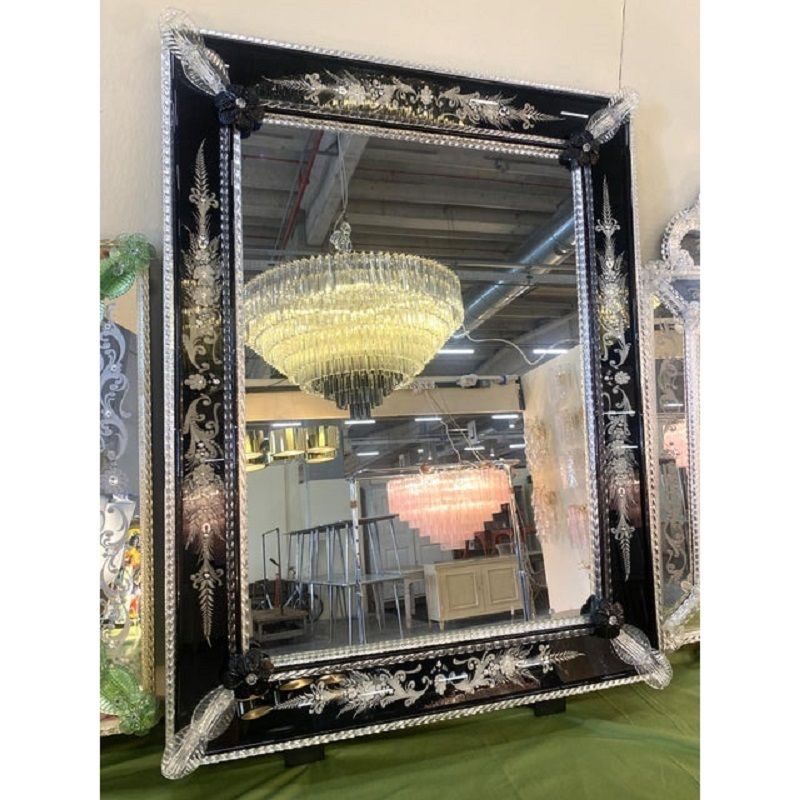 21st Century Venetian Black Floreal Hand Carving Wall Mirror In Murano Glass photo for sale