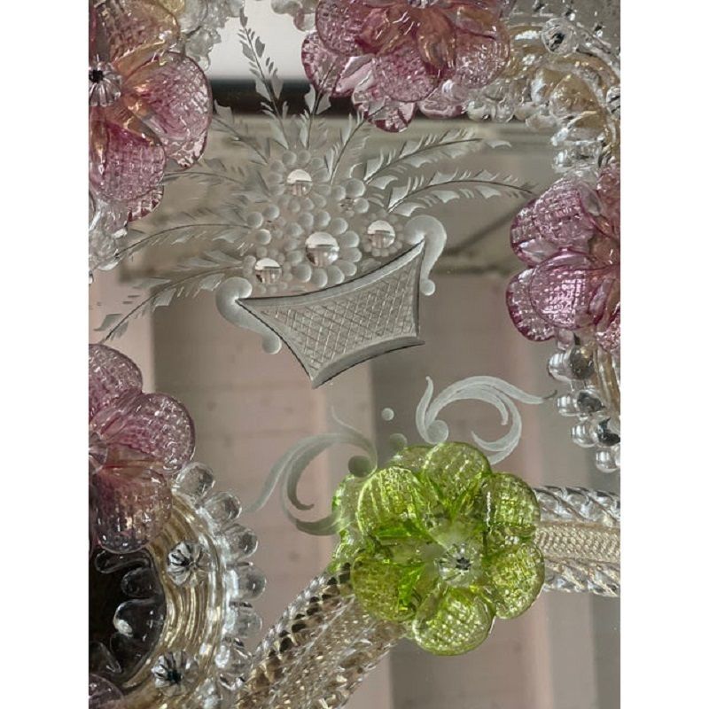 2000s Venetian Oval Green And Pink Floreal Hand Carving Mirror In Murano Glass Style photo buy