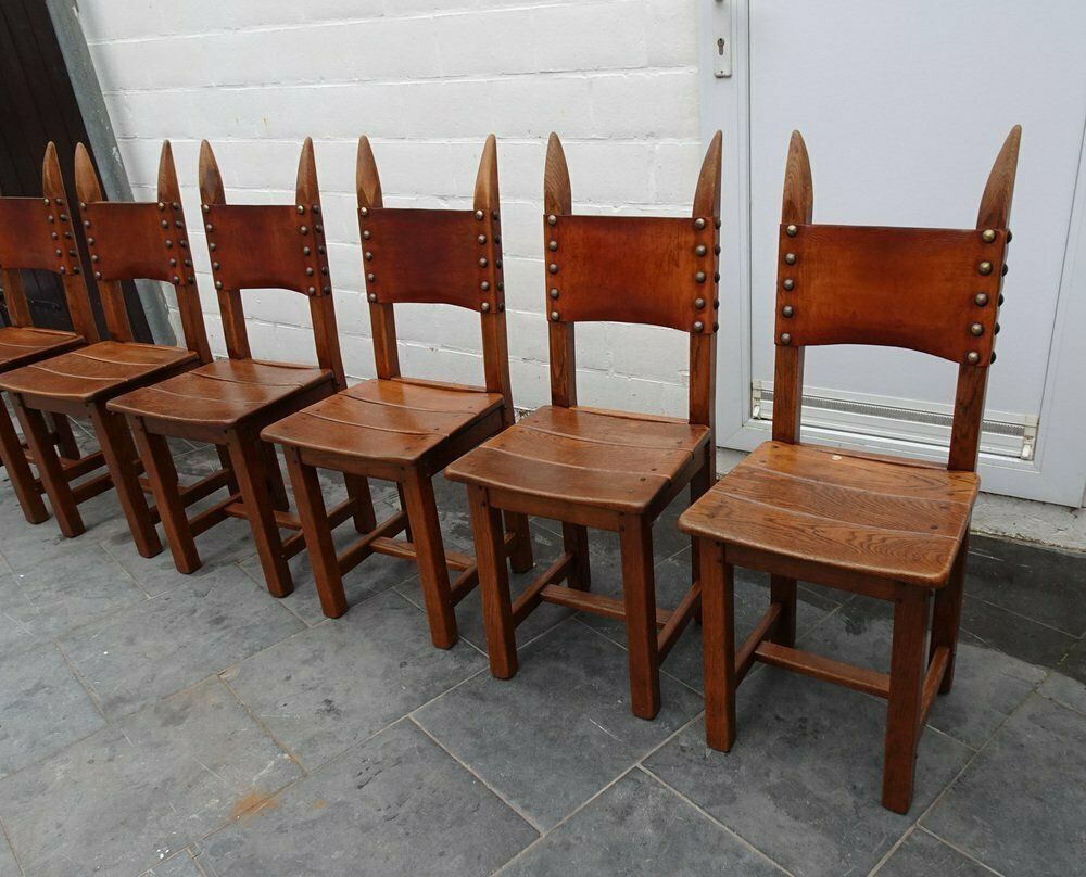 French Brutalist Oak And Leather Horn Form Chairs, 1970s, Set Of 6 photo furniture