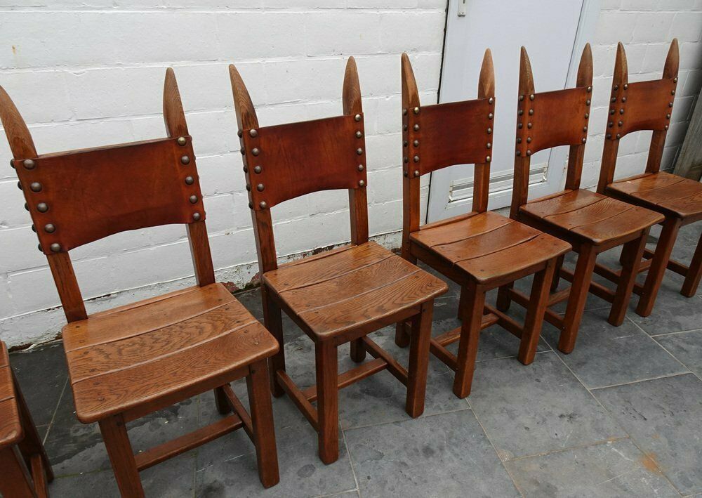French Brutalist Oak And Leather Horn Form Chairs, 1970s, Set Of 6 photo for sale