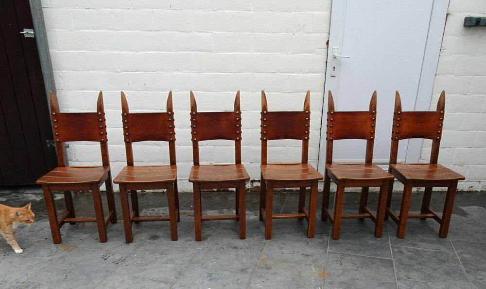 French Brutalist Oak And Leather Horn Form Chairs, 1970s, Set Of 6 photo vinterior