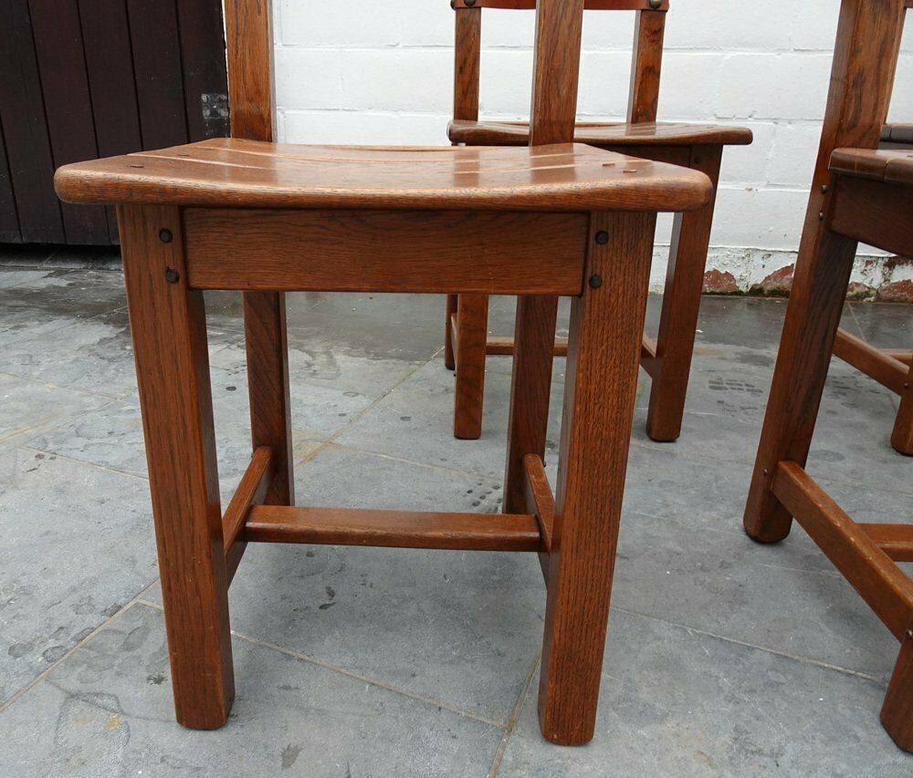 photo furniture French Brutalist Oak And Leather Horn Form Chairs, 1970s, Set Of 6