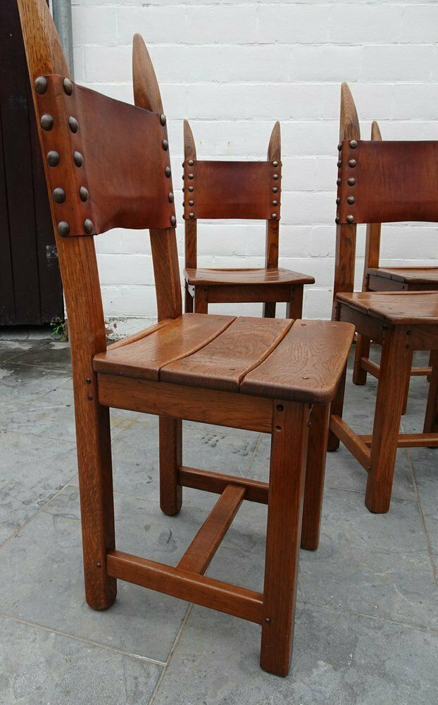 photo for sale French Brutalist Oak And Leather Horn Form Chairs, 1970s, Set Of 6
