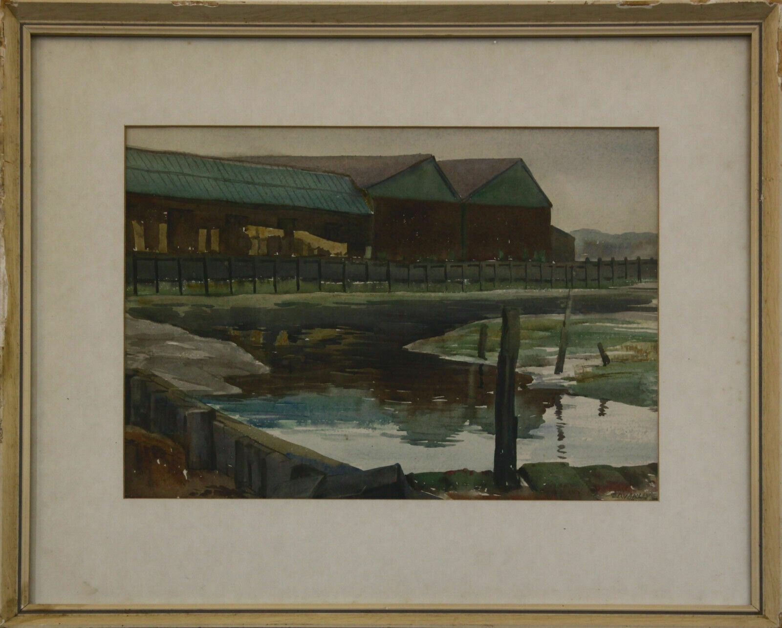 Watercolour By E.D. Varley. Boat Sheds On The River Yare.