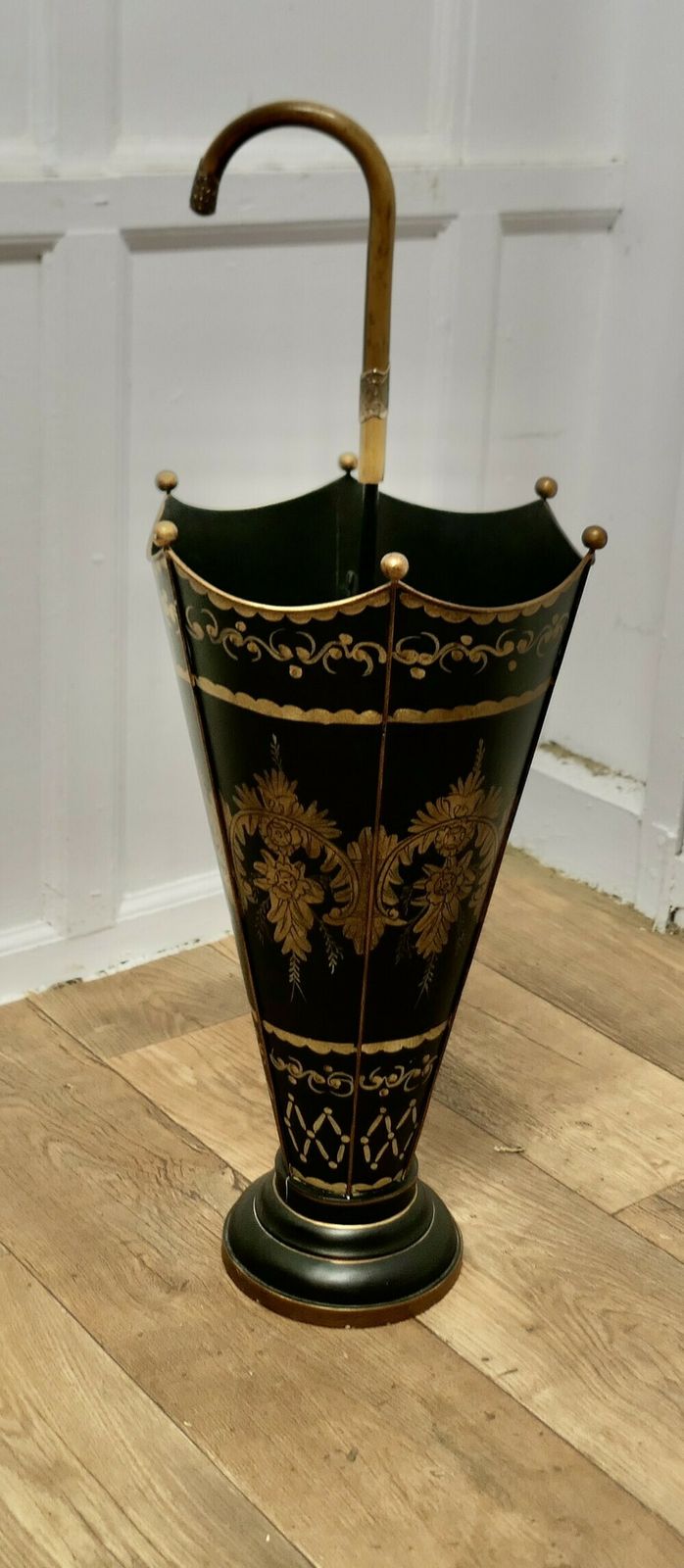 A Superb Italian Toleware Umbrella Stand, Hand Painted Gold On Black photo furniture