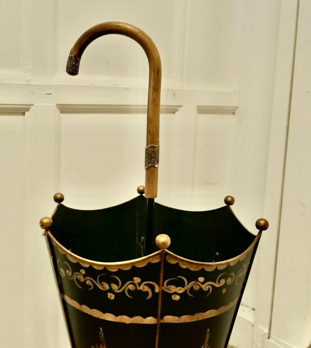 A Superb Italian Toleware Umbrella Stand, Hand Painted Gold On Black photo for sale