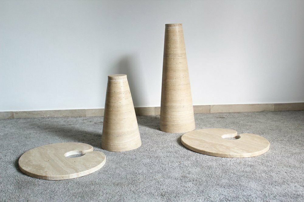 Travertine Tables By Angelo Mangiarotti, Italy, 1970s, Set Of 2 photo for sale