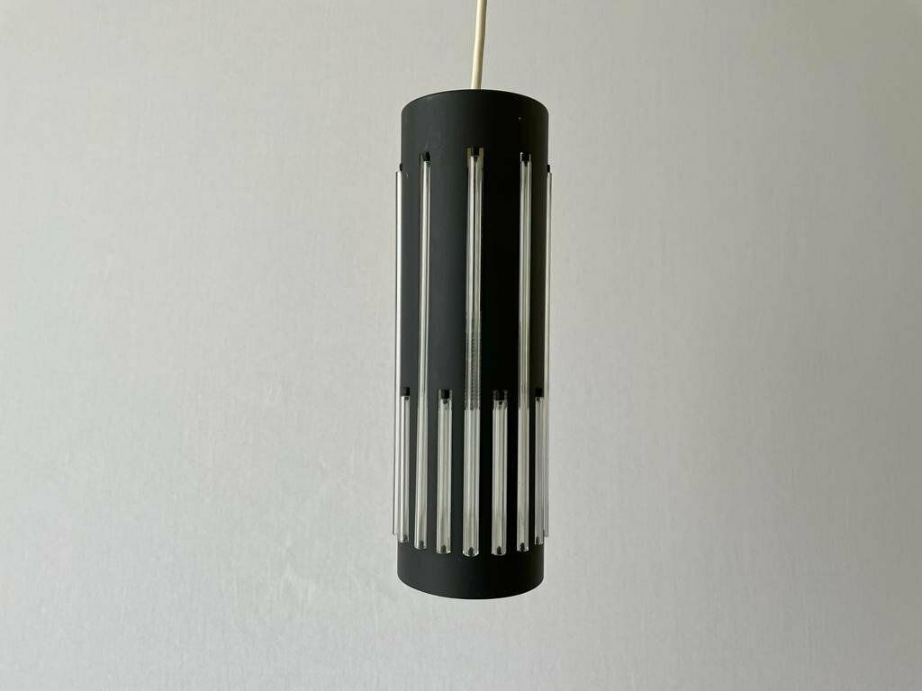 Modernist Cylinder Design Glass & Black Metal Pendant Lamp, 1960s, Italy photo Lighting