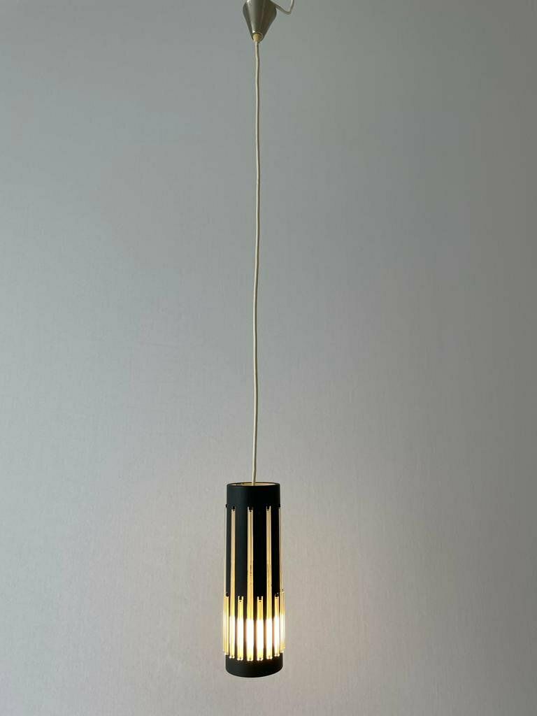 Modernist Cylinder Design Glass & Black Metal Pendant Lamp, 1960s, Italy photo buy
