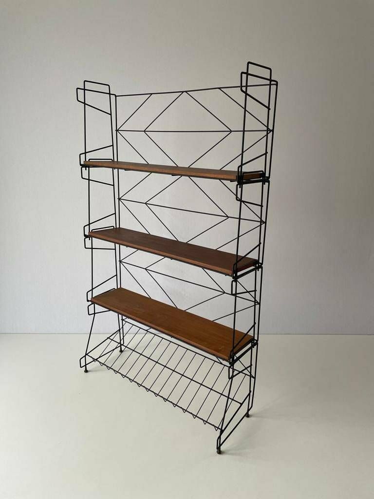 Italian Design Wire Structured Self Standing Shelf Unit With 3 Shelves And 1 Magazine Rack, 1960s, Italy photo furniture