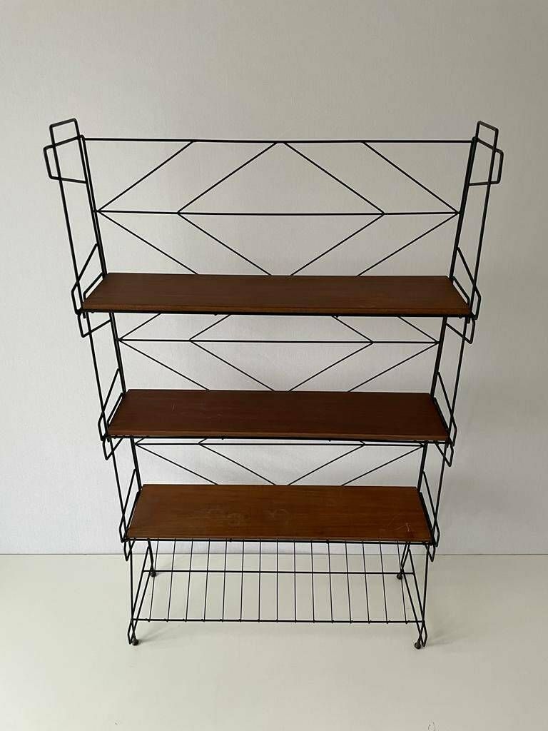 Italian Design Wire Structured Self Standing Shelf Unit With 3 Shelves And 1 Magazine Rack, 1960s, Italy photo for sale