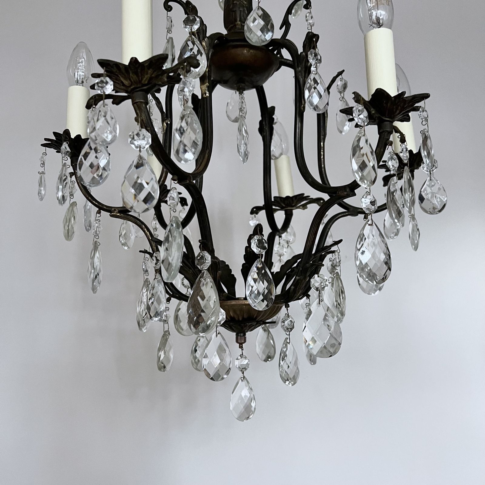 French Brass Birdcage Chandelier With Harlequin Glass Pear Drops photo vinterior