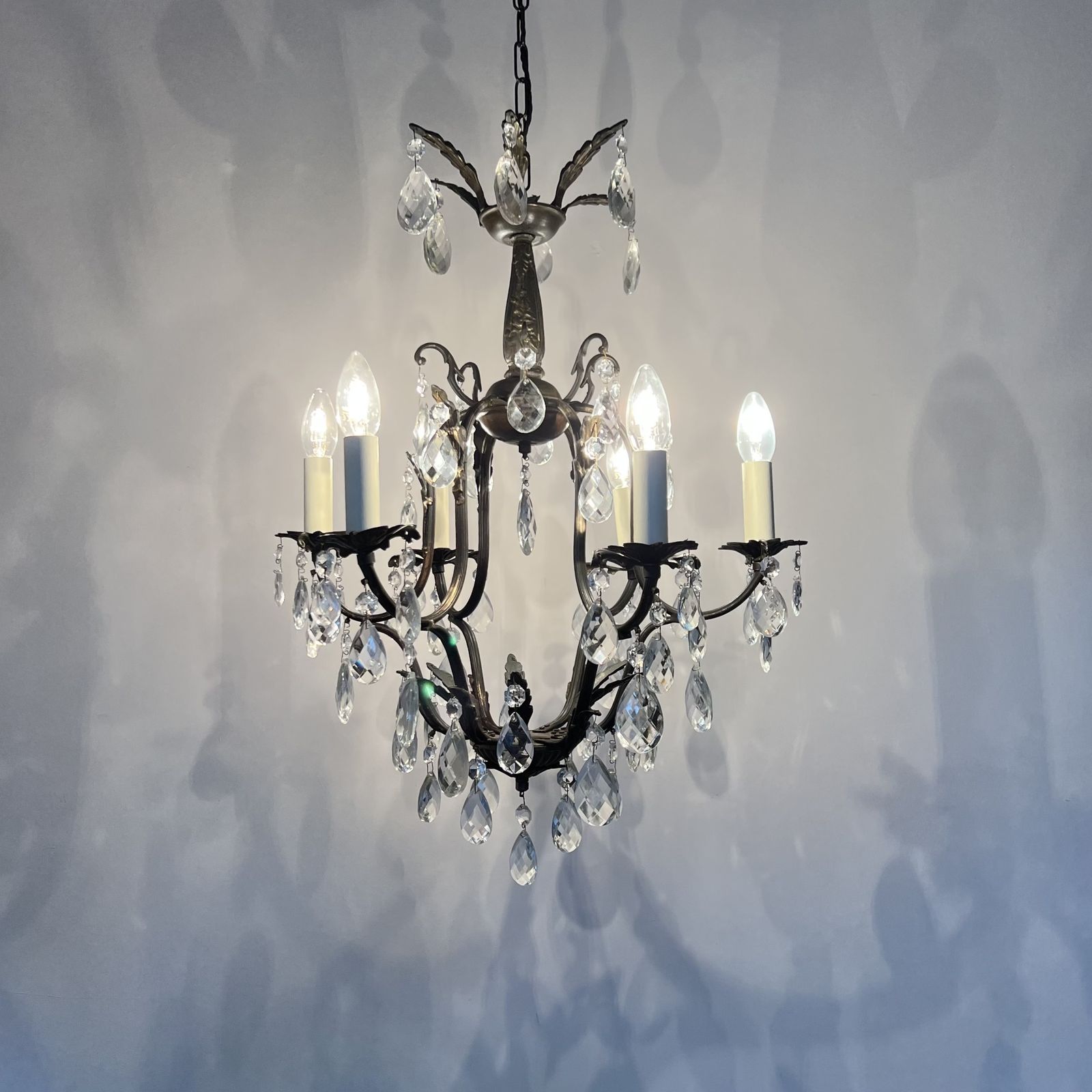 photo furniture French Brass Birdcage Chandelier With Harlequin Glass Pear Drops