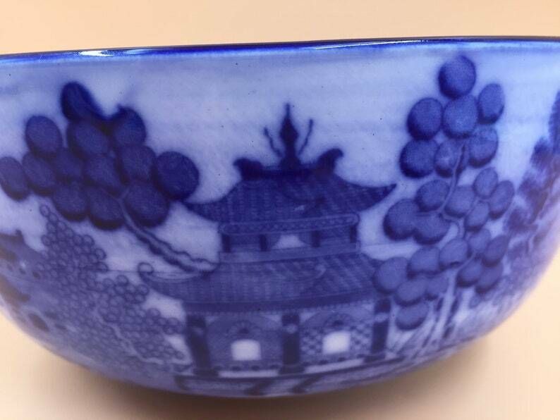 Antique Minton Pottery Flow Blue Willow Pattern Large Bowl. C1891 1912. photo Home Decor