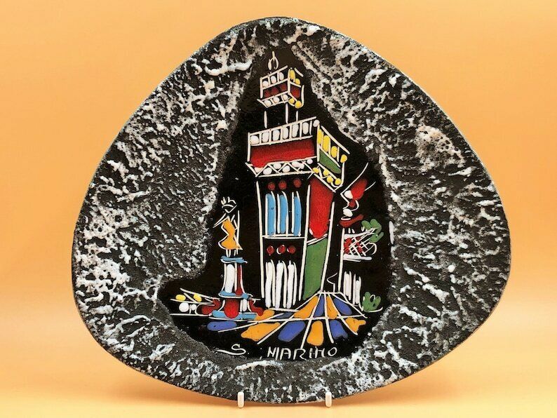 Mcm Augusto Giulianelli Italian San Marino Fat Lava / Enamel Hand Painted 3 Footed Dish / Wall Plaque.