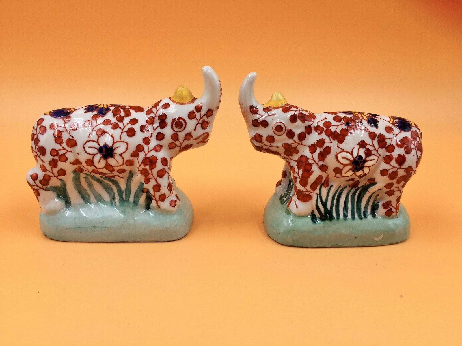 Pair Signed Antique Chinese Porcelain Imari Rhino Figurines By Yayou Zhen Cang.