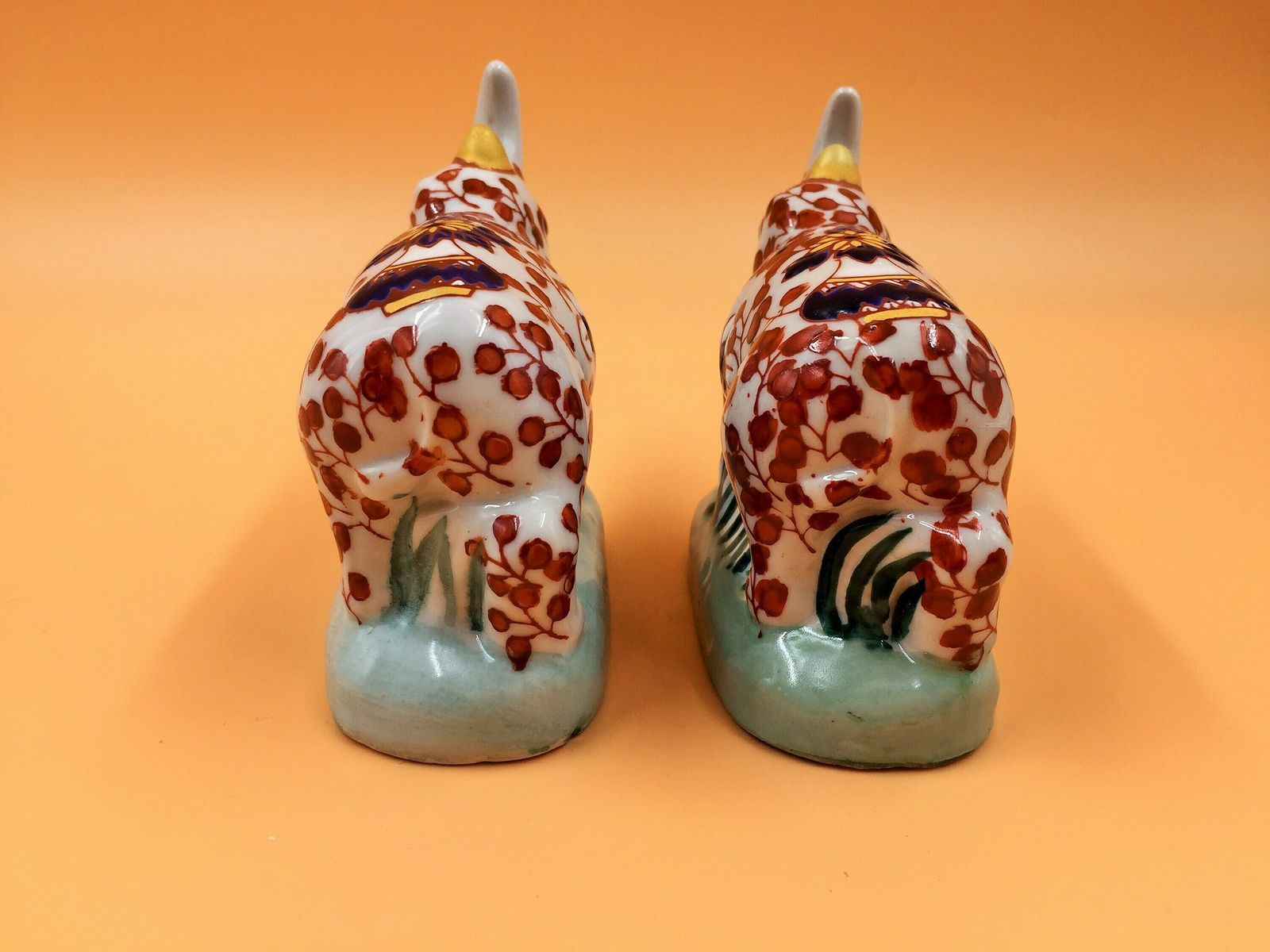 Pair Signed Antique Chinese Porcelain Imari Rhino Figurines By Yayou Zhen Cang. photo Art