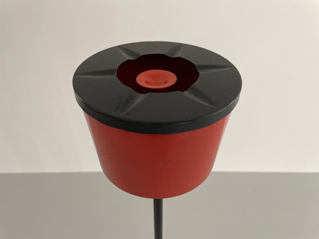Red And Black Metal Italian Design Unusual Floor Ashtray With Arc Foots, 1970s photo vinterior