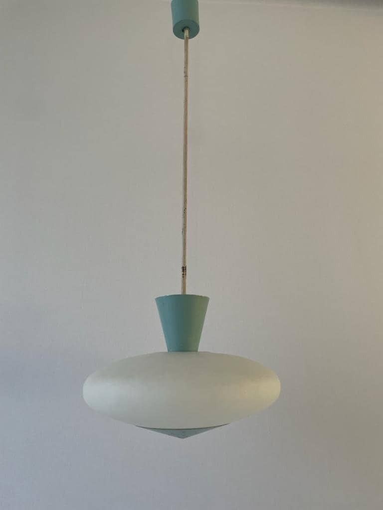 Mid Century Glass And Turquois Metal Ceiling Lamp By Angelo Lelli For Arredoluce, 1950s, Italy photo furniture