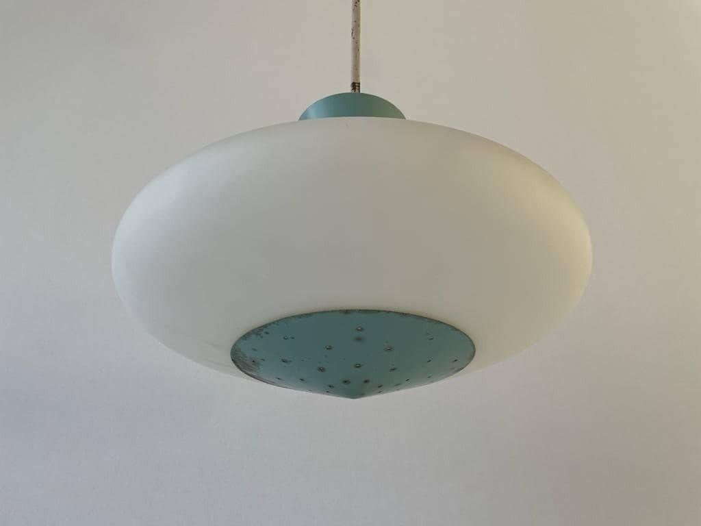 Mid Century Glass And Turquois Metal Ceiling Lamp By Angelo Lelli For Arredoluce, 1950s, Italy photo vinterior