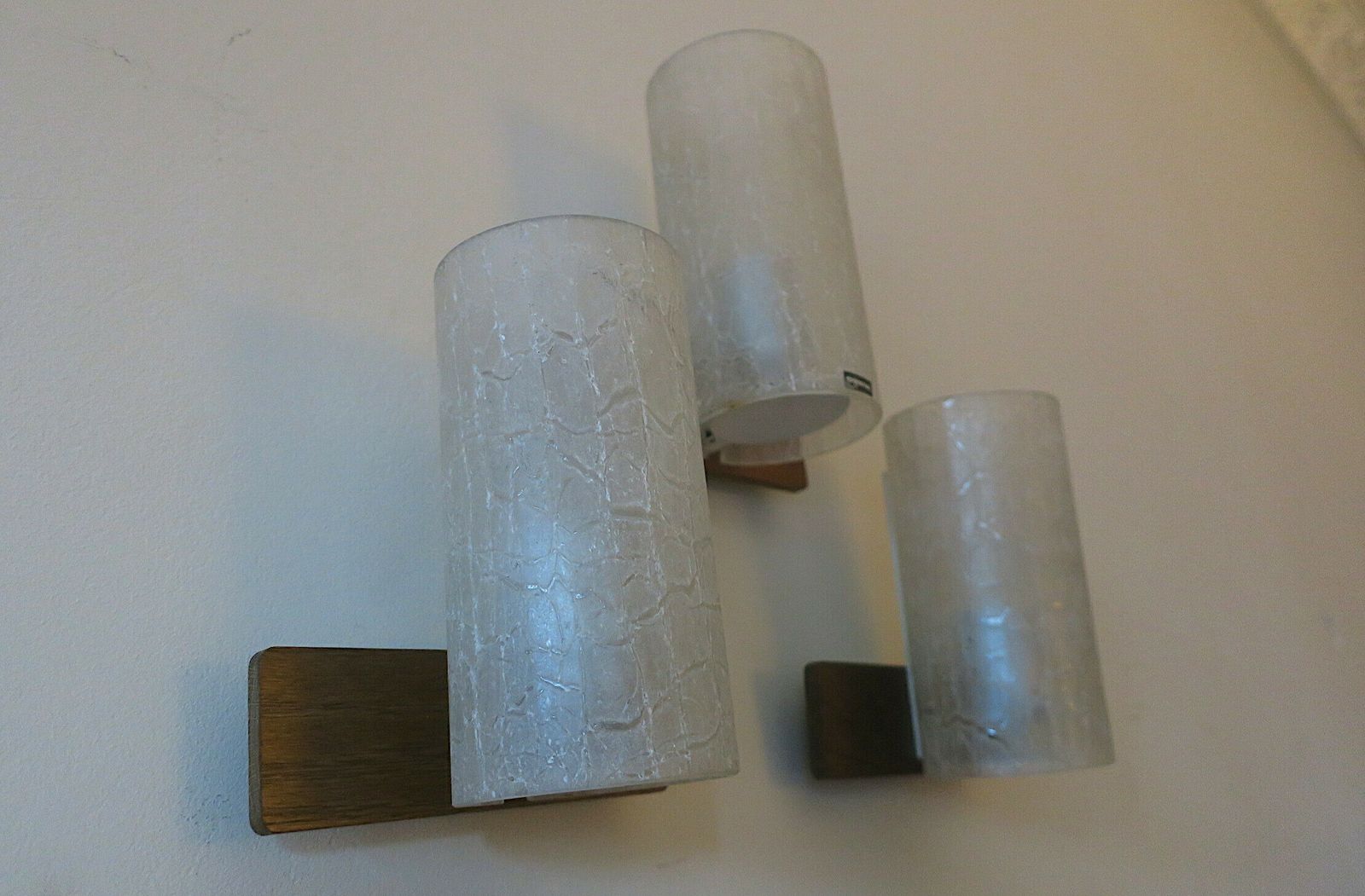 Set Of 3 Doria Frosted Crackled Glass And Teak Wall Lights, 1960s photo furniture