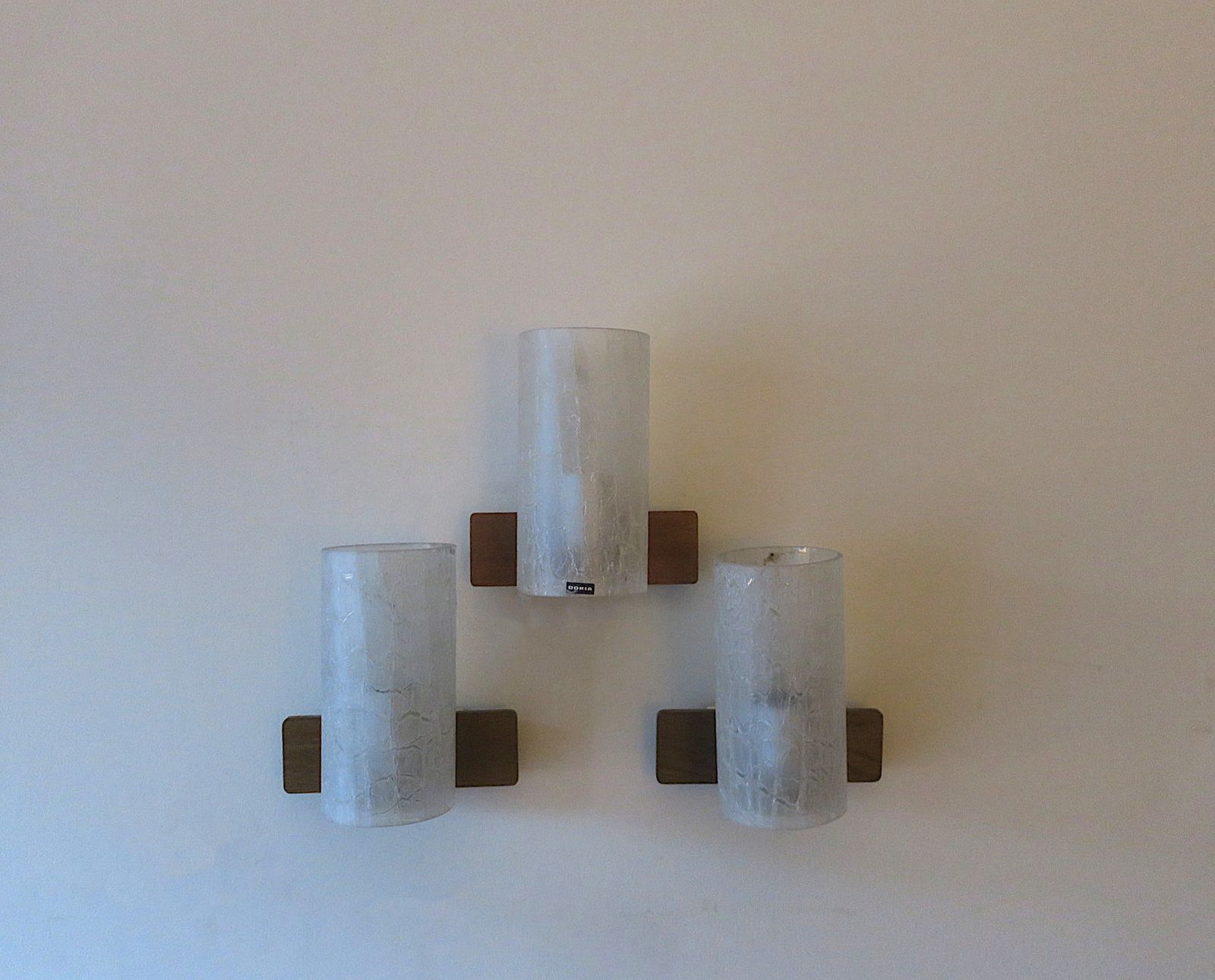 Set Of 3 Doria Frosted Crackled Glass And Teak Wall Lights, 1960s photo for sale