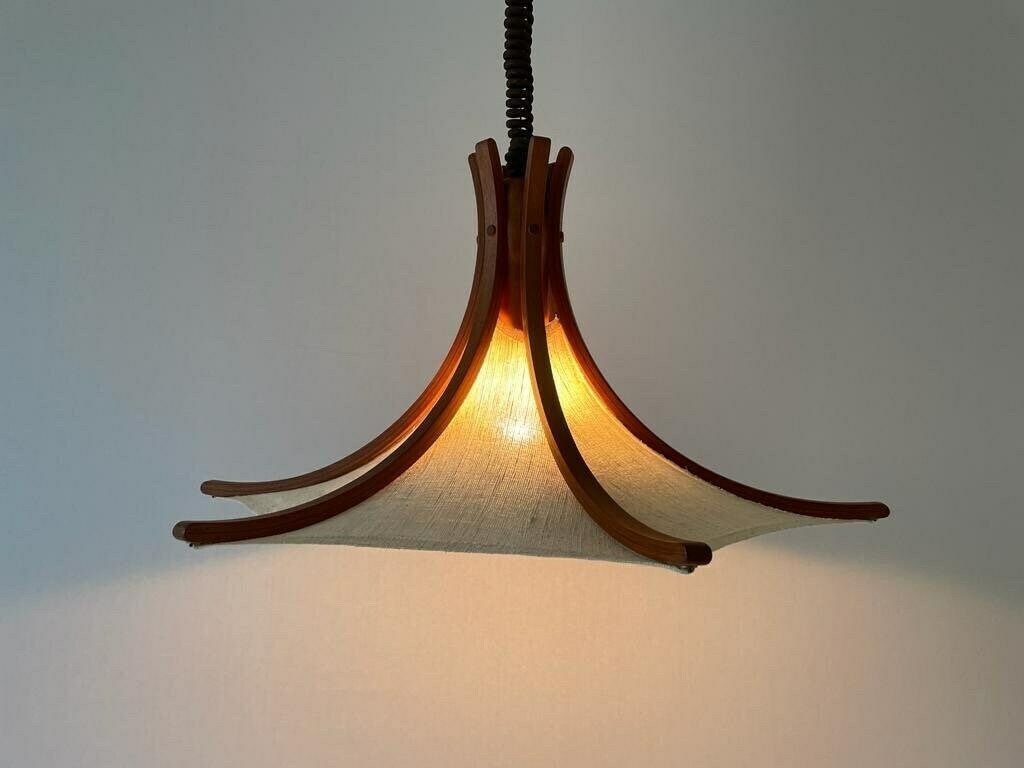 Linen And Wood Adjustable Height Pendant Lamp By Domus, 1980s, Italy photo furniture