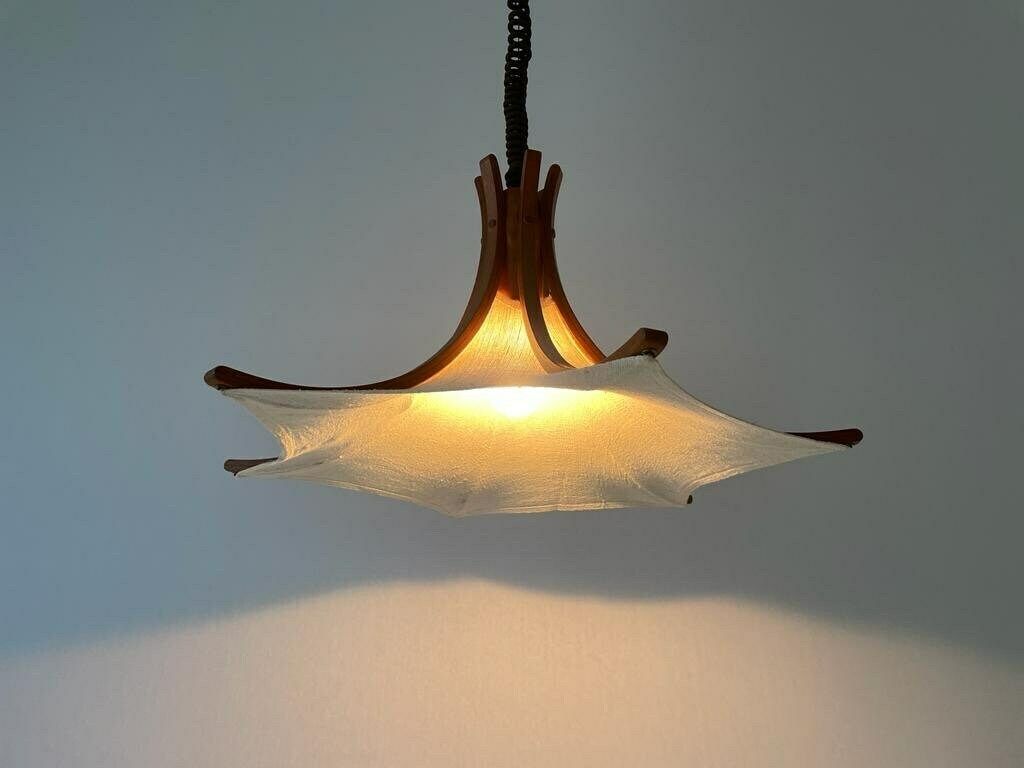 Linen And Wood Adjustable Height Pendant Lamp By Domus, 1980s, Italy photo vinterior