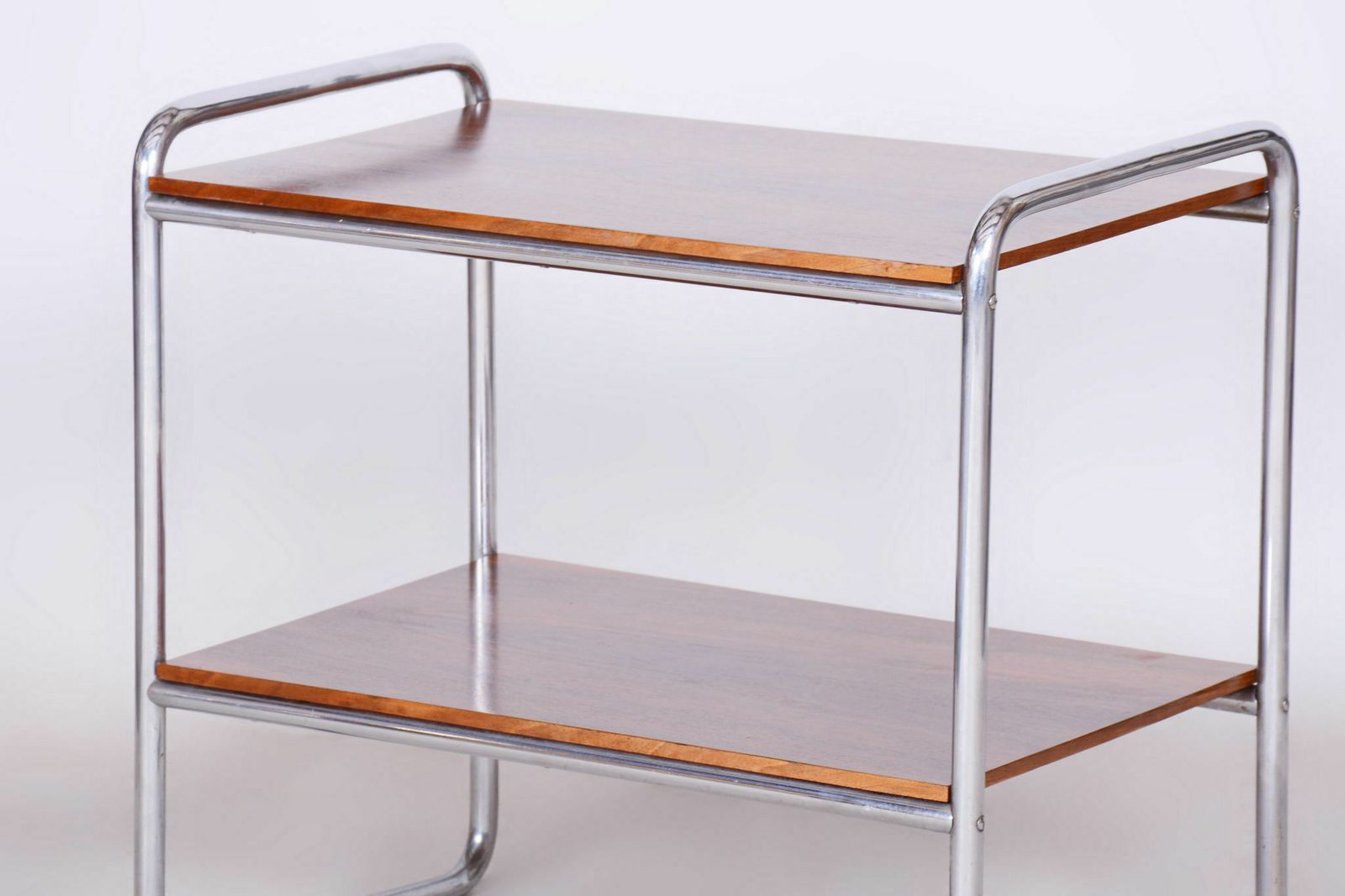 Restored Bauhaus Side Table, Walnut, Chrome Plated Steel, Czech, 1930s photo furniture