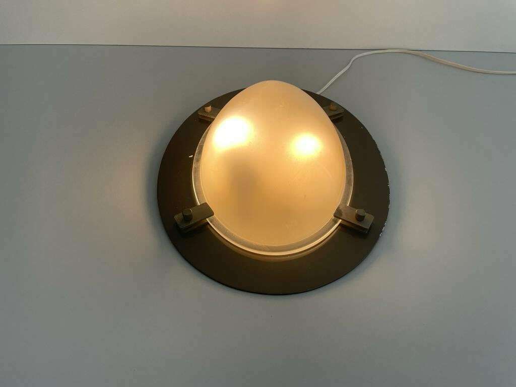 Italian Oval Glass & Black Backplate Industrial Wall Or Ceiling Lamp, 1960s, Italy photo vintage