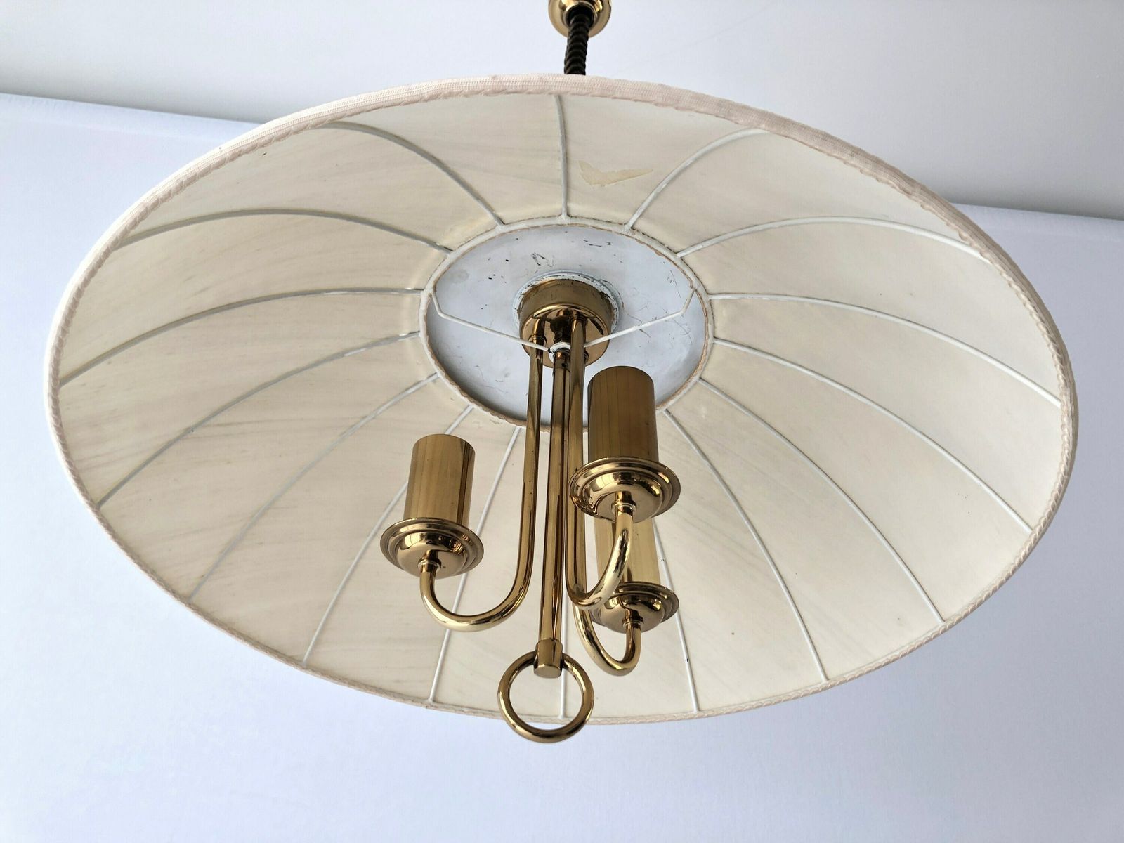 Wonderful Beige Fabric And Brass Adjustable Shade Mid Century Modern Xl Pendant Lamp By Schröder & Co, 1970s, Germany photo 1920.0