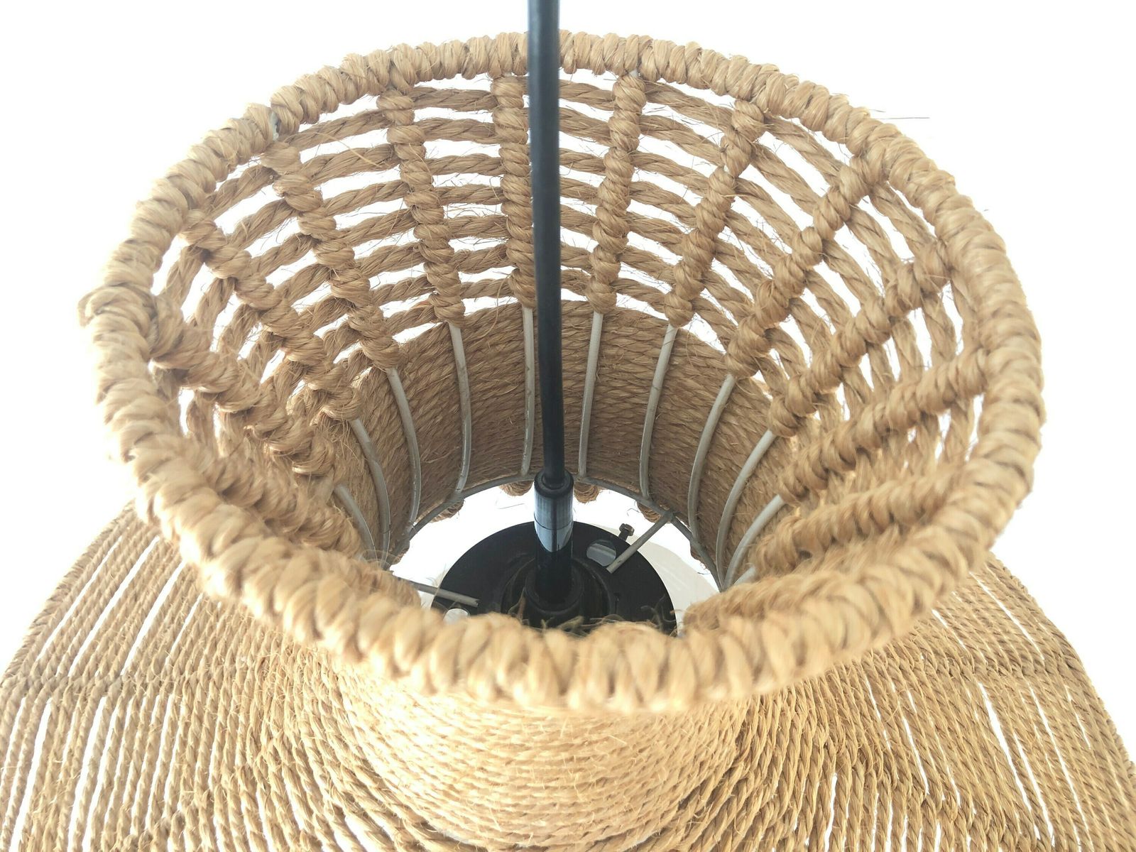 photo for sale Handwoven Brown Thick Thread And Metal Body Xl Pendant With Ball Glass Shade, 1970s, Germany