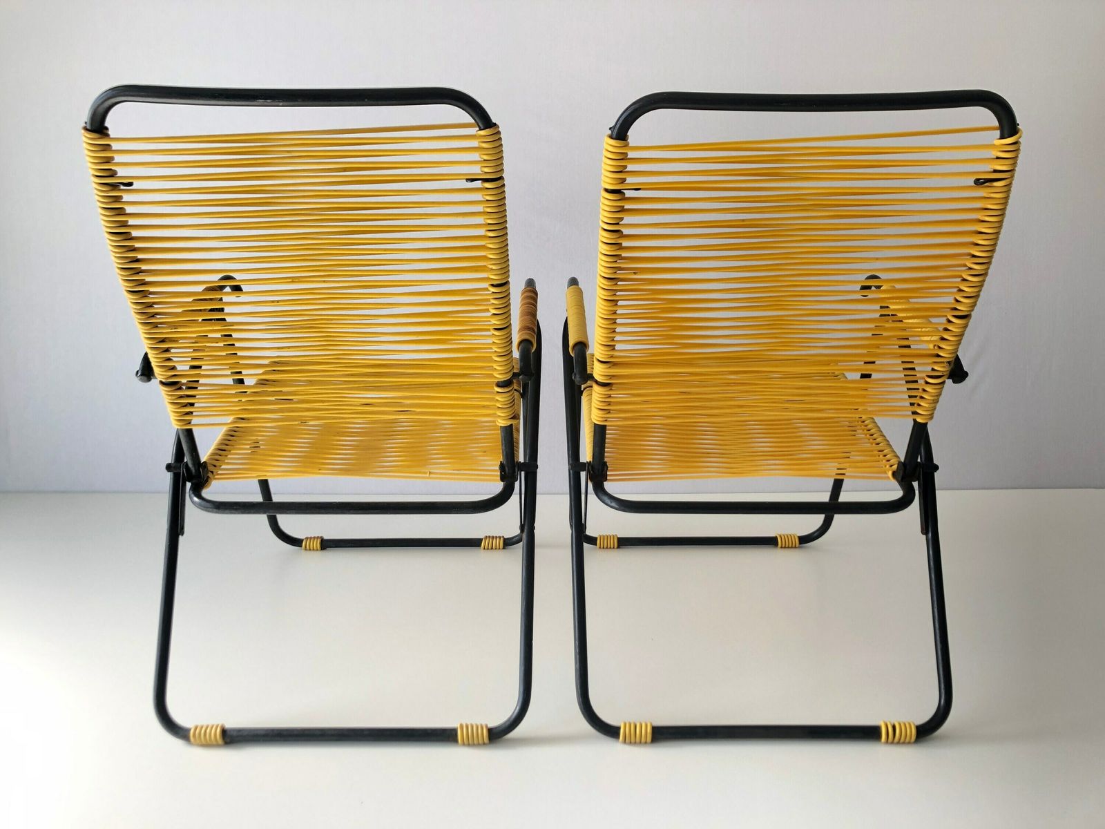 Iconic Italian Yellow Pair Of Outdoor Spaghetti Armchairs, 1970s, Italy photo vintage