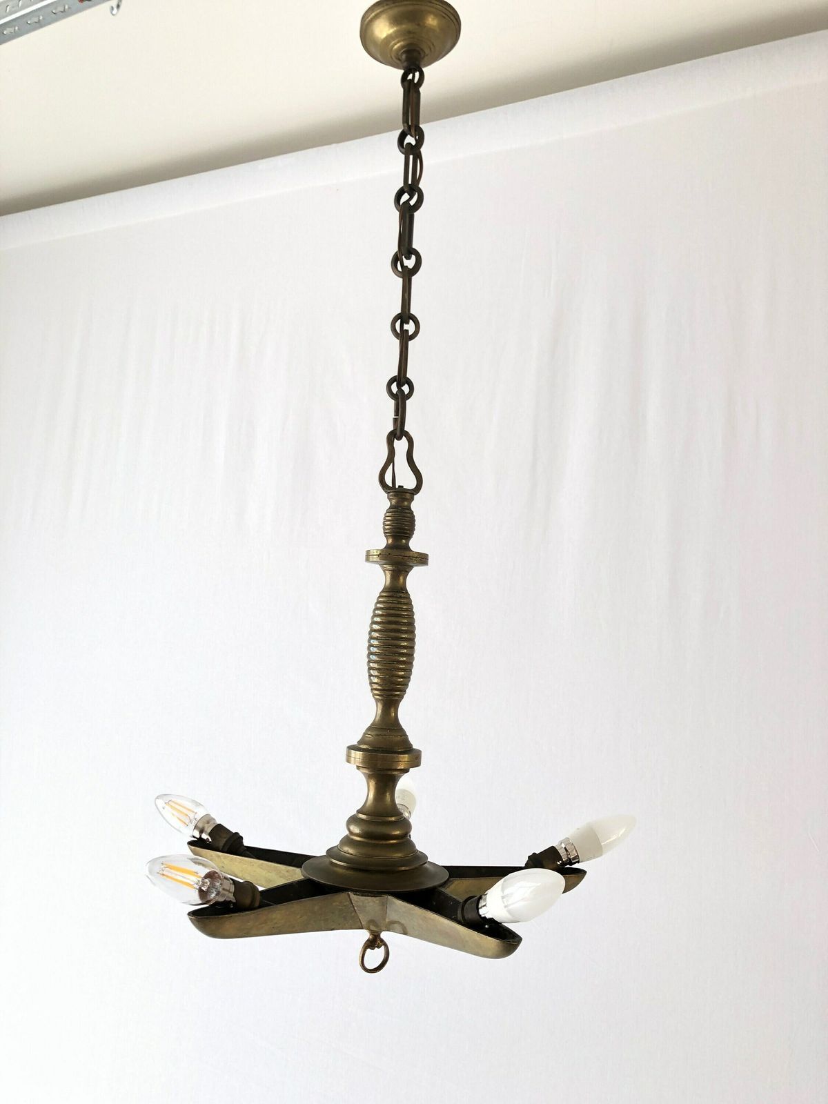 Unique Full Brass Star Design Church Chandelier, 30/40s, France photo vinterior