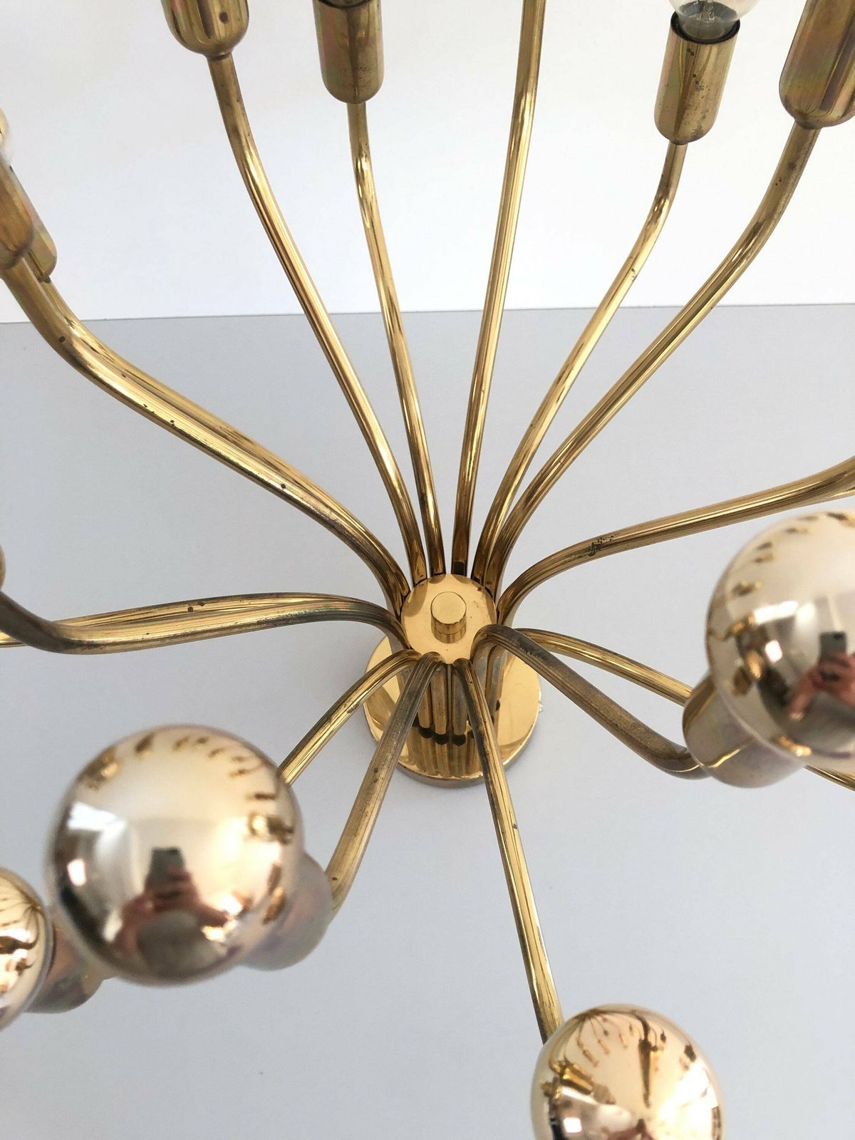 photo furniture Exceptional 16 Armed Full Brass Sputnik Chandelier By Wkr, 1970s, Germany