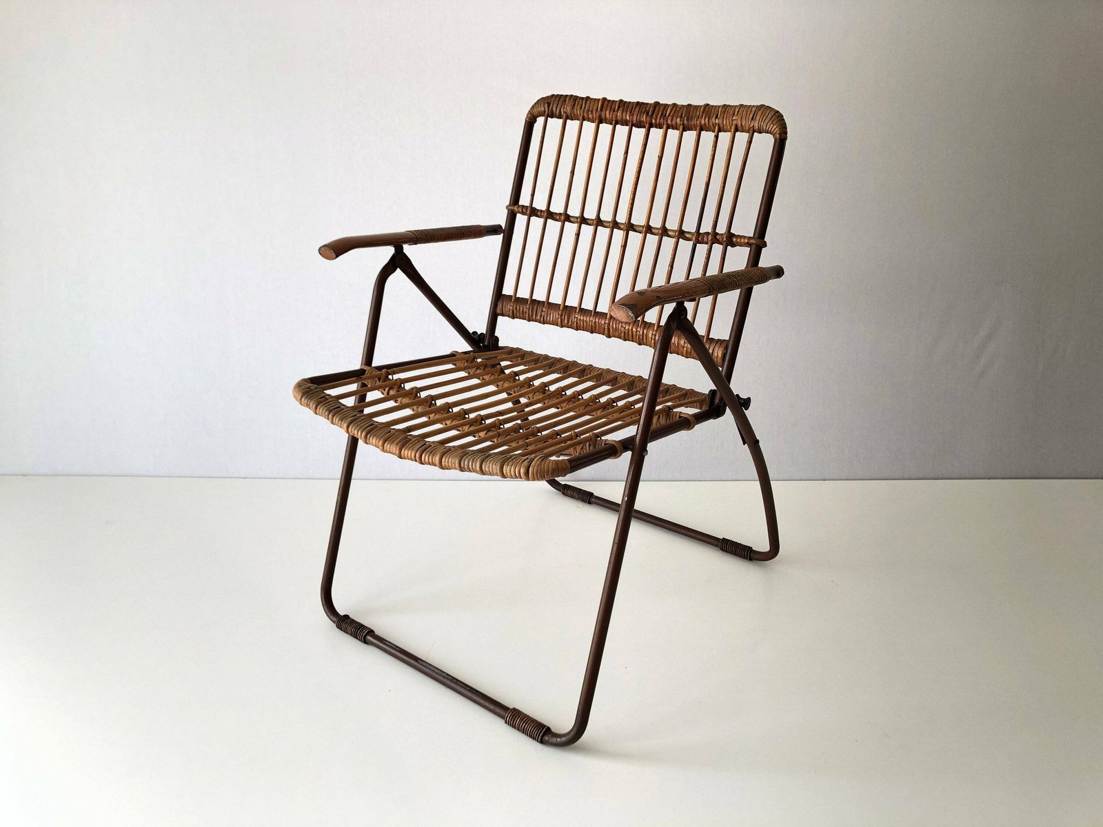 Mid Century Modern Italian Bamboo And Brown Metal Folding Armchair, 1960s, Italy photo furniture
