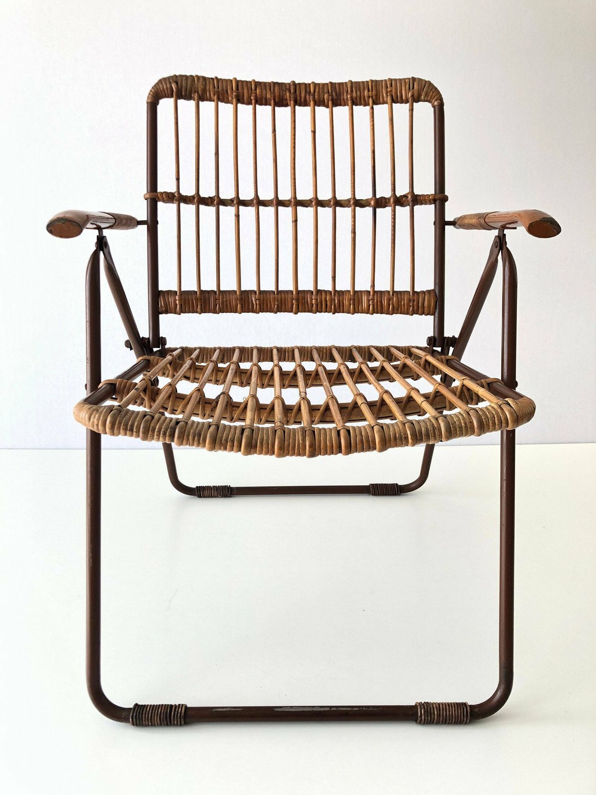 Mid Century Modern Italian Bamboo And Brown Metal Folding Armchair, 1960s, Italy photo Furniture